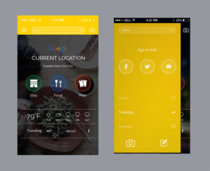 Weather and sign-in screens of a mobile app with current location and login options.