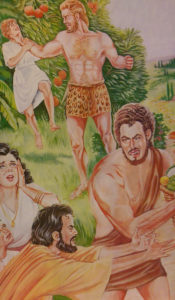Illustration of muscular men and women in a jungle setting, wearing primitive clothing.