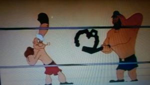 Two animated characters boxing with exaggerated features in a ring.