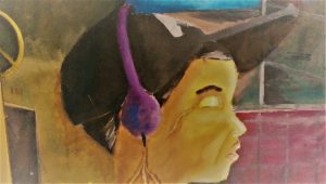 Painting of a person with headphones and closed eyes.