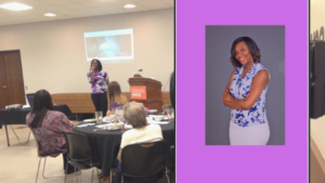 Woman giving a presentation to an audience in a conference room.