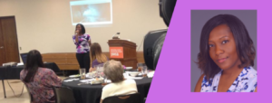 A speaker addresses an audience at a formal event with tables and a podium.
