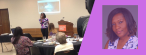 Woman presenting at a conference podium with seated audience.