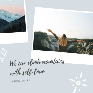 Woman enjoying nature, embracing self-love with mountains ahead.