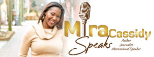 A smiling woman with a microphone and the words 'Mira Speaks'.