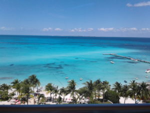 A tropical beach with clear turquoise water and palm trees under a blue sky.
