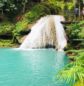 A waterfall flows into a turquoise pool surrounded by lush greenery.