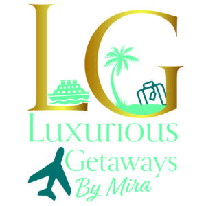 Logo for Luxurious Getaways by Mira with travel icons and palm tree.