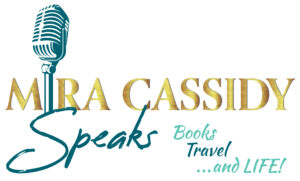 Logo with text 'Laura Cassi Speaks' and themes of books and travel.